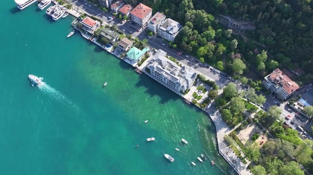 Luxury Neighborhood in Istanbul, Bebek Beach and Bebek Marina Drone Video, Besiktas Istanbul, Turkiye (Turkey)