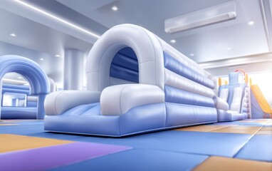 Fototapeta premium Indoor inflatable obstacle course with blue and white colors for children