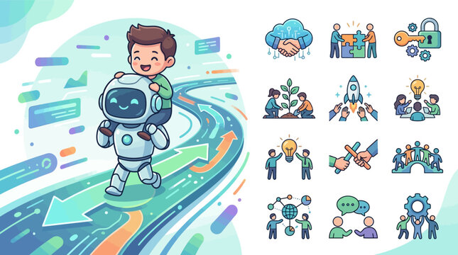 Vector illustration featuring a cute robot carrying a boy on its shoulders along a digital arrow path, paired with icons representing teamwork, growth, security, and innovation.