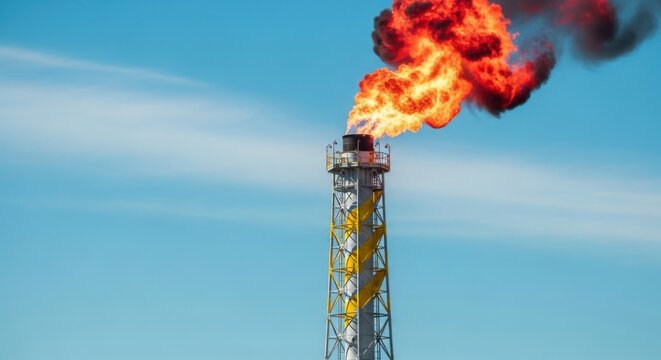 A tall flare stack emitting a large flame and smoke against a blue sky with wispy clouds