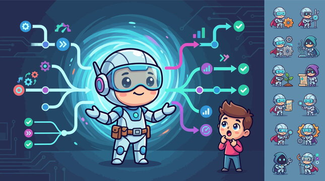 Cute chibi robot character illustrating automated workflows, data analysis, and technology education for a boy, including a sidebar of process icons and various character poses.