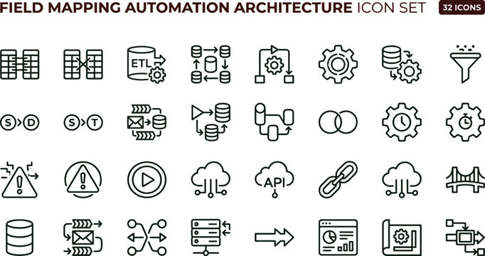Field Mapping Automation Architecture Icon Set Featuring Data Integration Workflow and System Processing Concepts