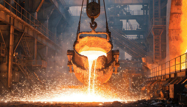 Molten Steel Casting Process in Heavy Industrial Foundry Factory