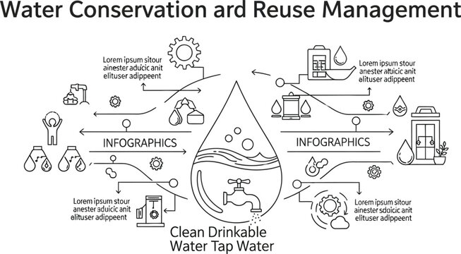 Water conservation and reuse management thin line infographic banner featuring clean drinkable tap water filtration supply and environmental resource protection systemsWater conservation and reuse man