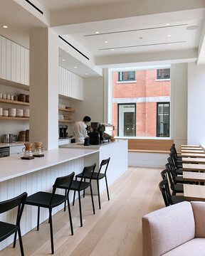 Minimalist modern cafe interior featuring a barista preparing coffee at a sleek counter with wooden accents and large windows overlooking a brick building