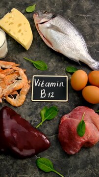 Foods that contain vitamin B12. Selective focus.