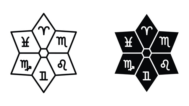 Astrological symbols arranged in star and hexagon shapes