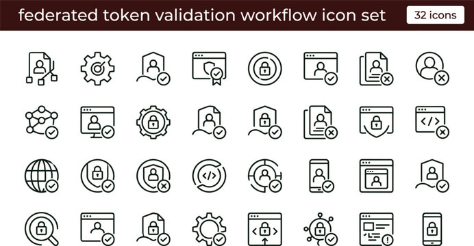 Federated Token Validation Workflow Icon Set Featuring Identity Authentication Security and Access Verification Concepts