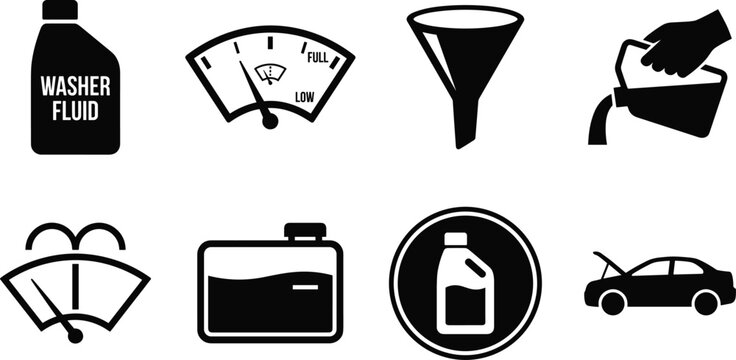 Automotive Windshield Washer Fluid Maintenance Icon Set for Car Service Manuals, Dashboard Displays, and Repair Information