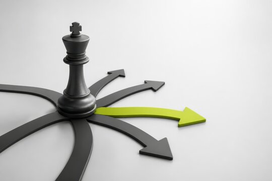 Black chess piece on branching arrows with green direction arrow symbolizing strategy choice and business decision making