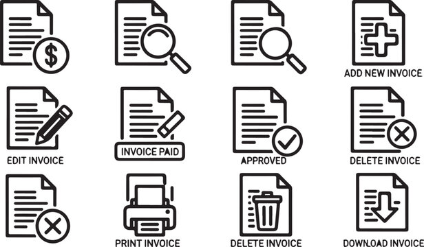 Invoice actions icons set with dollar sign and tick marks Vector