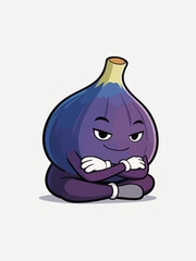 Fototapeta premium Cartoon figure of a fig sitting with arms crossed, displaying a playful and mischievous expression