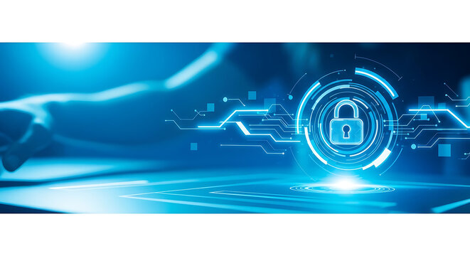 Futuristic digital security concept with a glowing padlock icon protecting data networks and information on an abstract blue technology background banner