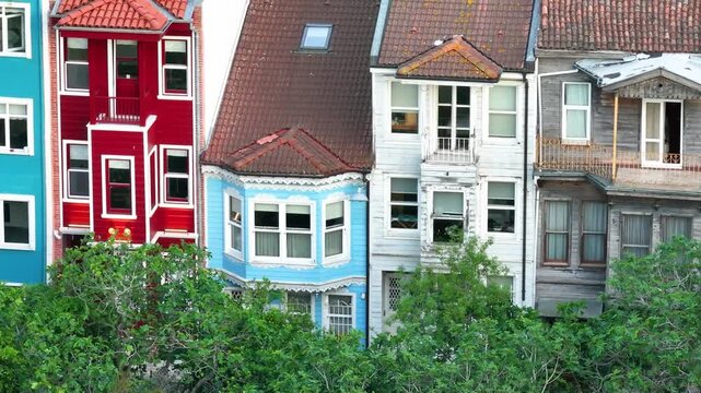 Colorful Houses in the Kuzguncuk Neighborhood Drone Video , Doors and Turkish Street Cats, Kuzguncuk Neighborhood Uskudar, Istanbul Turkiye (Turkey)