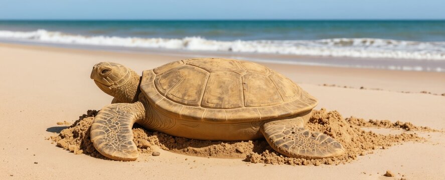 Sand turtle rests on beach near calm blue ocean waves. Creature sits on wet sand during sunny day. Gentle surf laps shoreline with clear sky.
