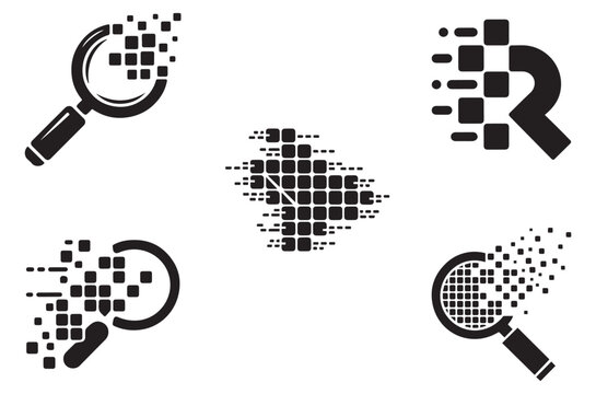 Collection of digital pixelated search and data icons featuring magnifying glass and character designs with dispersed square fragments for technological communication graphic assets