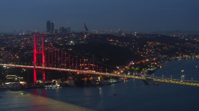 Yellow and Red 15 July Martyrs Bridge Night Lights Drone Video, Kuzguncuk Beylerbeyi District Uskudar, Istanbul Turkiye (Turkey)