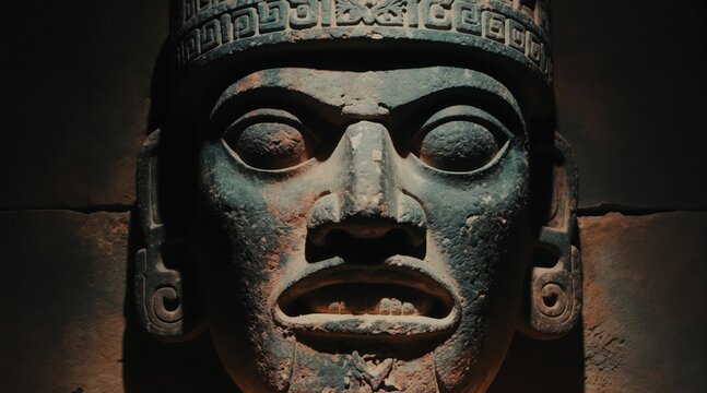 Ancient Olmec colossal head sculpture detail shows stone carving with wide mouth and large eyes. This ancient civilization artifact has intricate headdress and cultural significance for history.