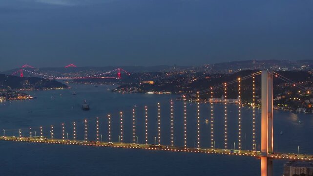 Yellow and Red 15 July Martyrs Bridge Night Lights Drone Video, Kuzguncuk Beylerbeyi District Uskudar, Istanbul Turkiye (Turkey)
