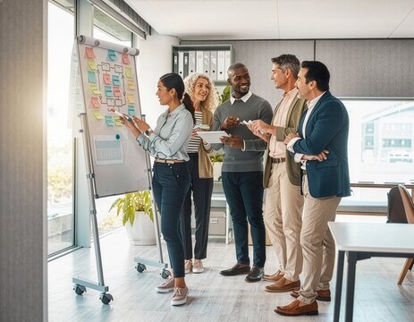 Focused business team review flowchart during strategy planning session