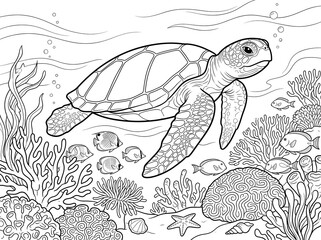 Fototapeta premium Underwater scene with sea turtle and coral reef