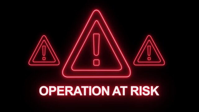 Neon red operation at risk warning sign animation featuring glowing triangular hazard and bold text alerting to system security failures, critical network errors, or dangerous industrial situations