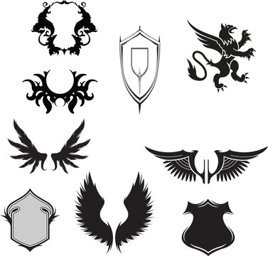 Vintage crest, shield, and wing icons, black heraldry symbols, 8 emblem elements