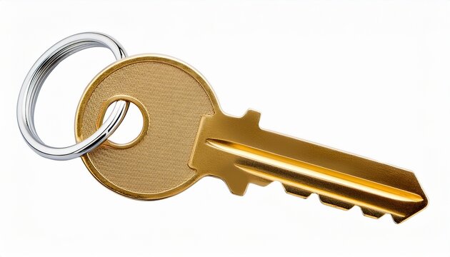 golden metallic house key with a silver ring isolated on a white background symbolizing home security and access