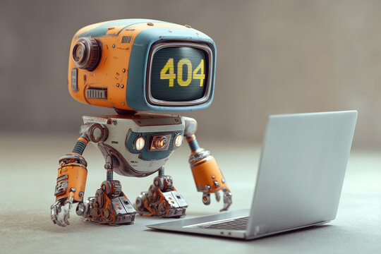 Petit robot autonome affichant une erreur 404 (page web non trouv&eacute;e) sur son &eacute;cran, face &agrave; un ordinateur portable.