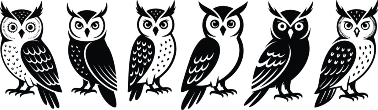 Stylized Owl Silhouette Vector Collection Featuring Wise Bird Icons, Tribal Mascot Graphics, and Black and White Minimalist Patterns for Creative Logo Designs