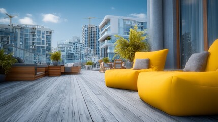 Naklejka premium Modern outdoor terrace with yellow lounge chair and cityscape view