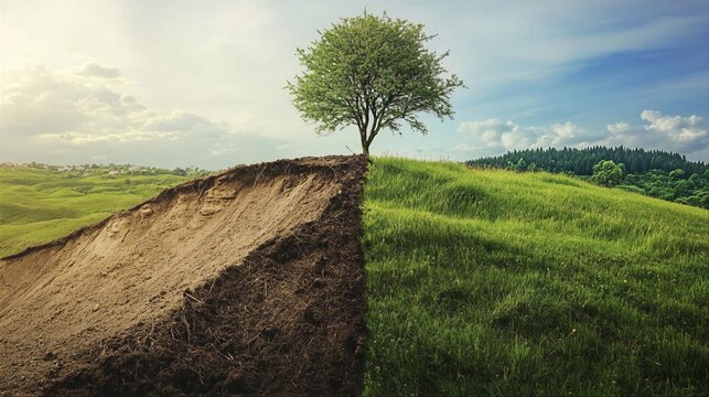 Split landscape showing dead dry soil next to green grassy hill with a single tree. Before and after environmental change and desertification concept. Nature transformation and earth.