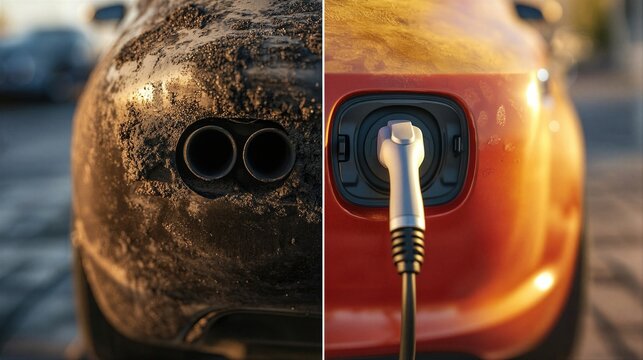 Comparison between dirty exhaust pipe of internal combustion engine car and charging plug of electric vehicle. Before and after concept of clean transport and sustainable energy future.