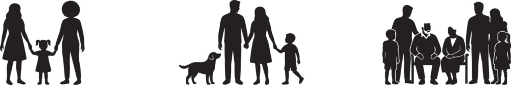 Family silhouettes set featuring diverse family structures multi-generational group.