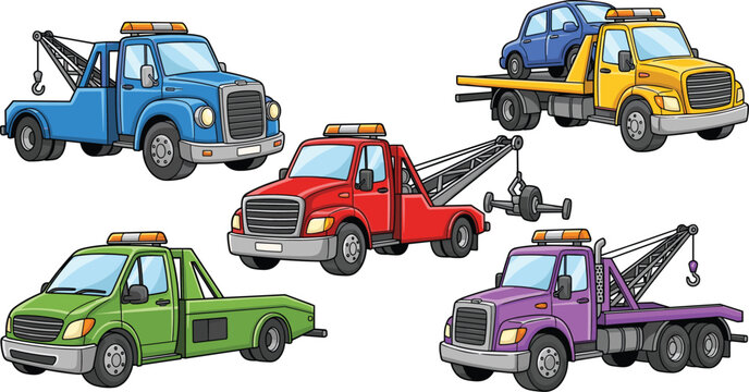 Colorful Tow Truck Vector Set with Flatbed and Wrecker Service Vehicles for Roadside Assistance and Transport Graphic Designs
