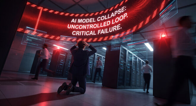 Man kneeling in server room under red emergency alert on overhead display