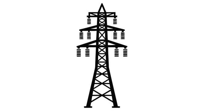 Vector illustration of high voltage power line tower pylon silhouette on a transparent background