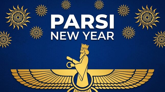 Parsi New Year Navroz Greeting Vector with Faravahar Symbol and Golden Sun Elements on Blue Background