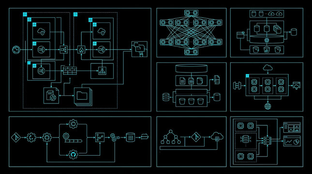 Cloud Companies Infrastructure Architecture Blueprint Technical Drawing Vector Set Multi View Cyan Outline on Black Background