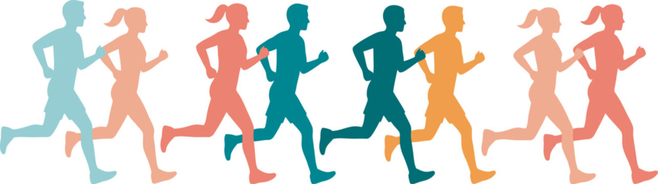 Running people silhouettes vector set showing colorful group of multiethnic men and women jogging.