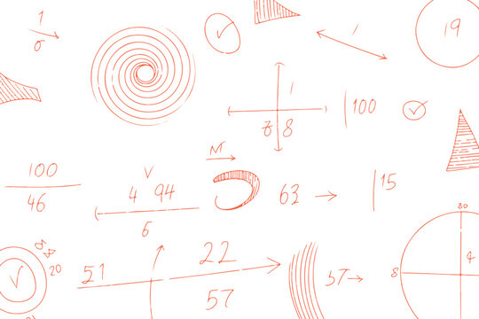 White background with various red mathematical formulas, numbers, and geometric shapes scattered across surface.