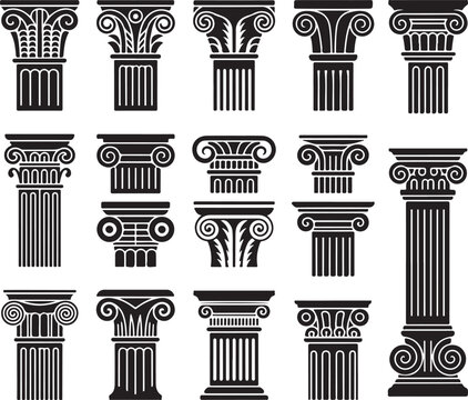 Collection of classic greek columns and ionic capitals architectural elements isolated on transparent background for vector usage.
