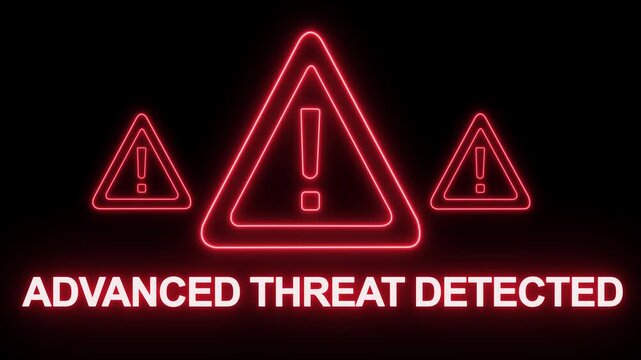 Advanced threat detected digital warning sign with glowing red neon warning triangles and exclamation marks for cybersecurity breach, network security alert, system failure, and data protection