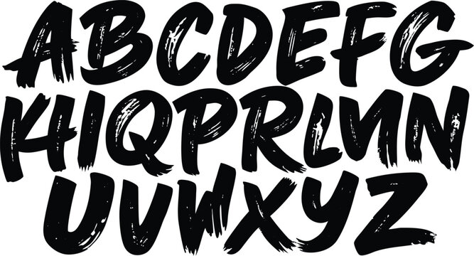 Handwritten brush font alphabet A-Z with textured dry stroke style on white.