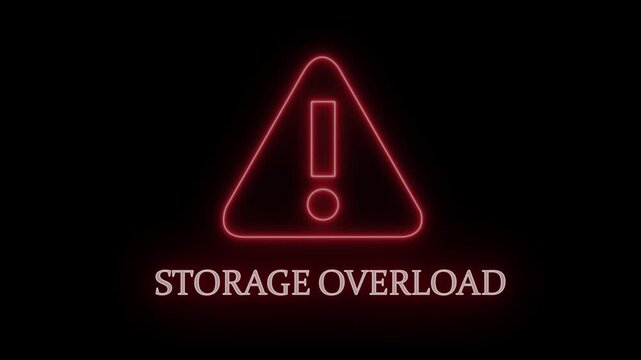 Neon red storage overload warning sign flashing on dark background, digital data capacity limit alert, system error notification, cyber security concept, technology server failure indicator