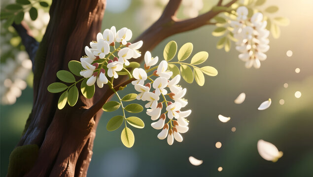 Snow-white locust flowers blooming on branches in early summer breeze