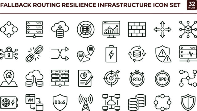 Fallback Routing Resilience Infrastructure Icon Set Featuring System Recovery Monitoring and Distributed Reliability Concepts