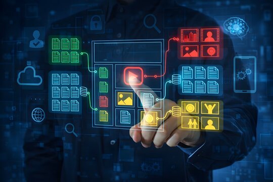 CMS content management system. Web content management platform. Businessperson tapping a digital content icon.