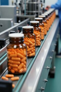 Orange capsules fill amber bottles moving on automated conveyor belt in clean pharmaceutical factory. Workers in blue coats oversee production, ensuring quality control, efficient manufacturing of