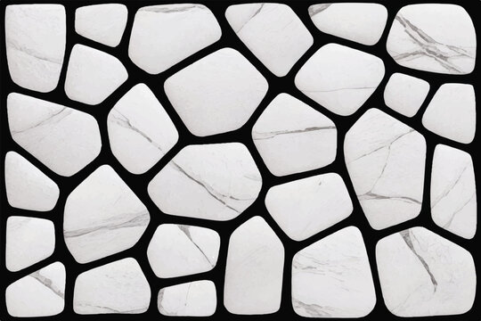 White marble stone mosaic floor texture with black grout lines for luxury bathroom interior or outdoor garden pavement backdrop.